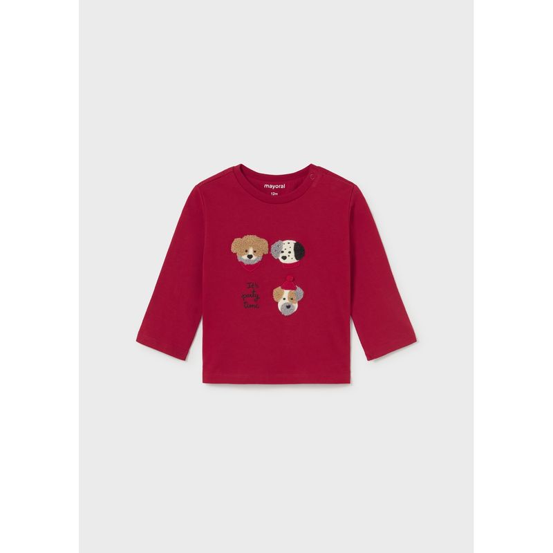 RED TSHIRT PUPPY FACE APPLIQUE LONG SLEEVE / 2018-050