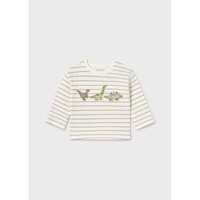 CREAM & BROWN STRIPED TSHIRT DINASOUR APPLIQUE LONG SLEEVE / 2005-070