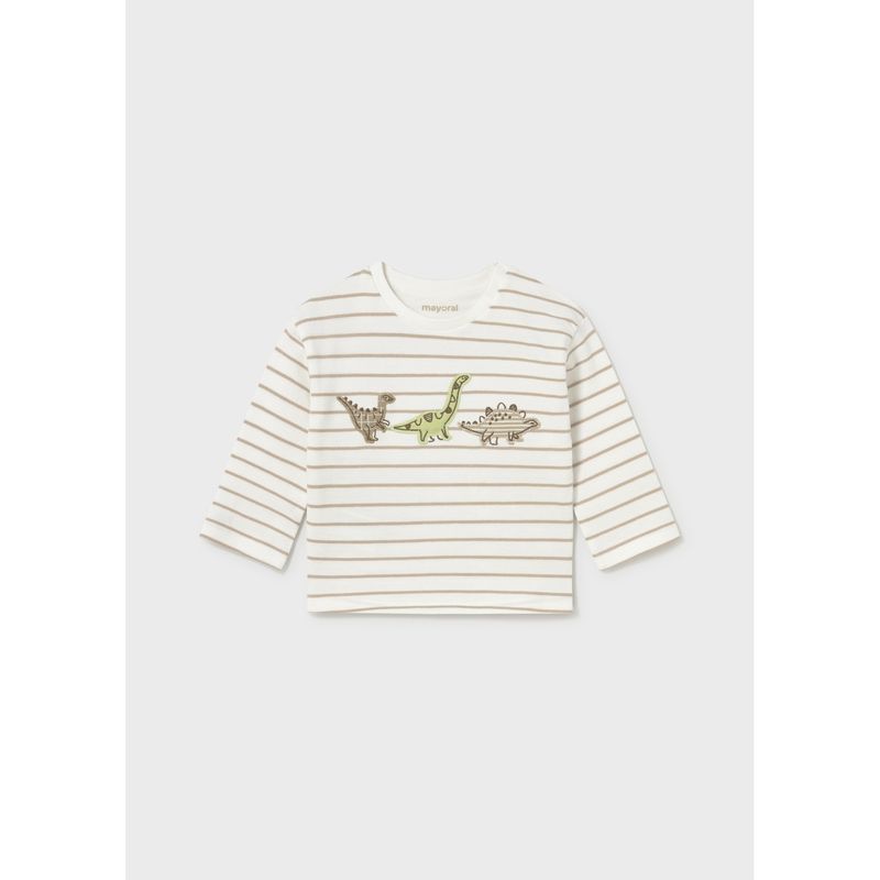 CREAM & BROWN STRIPED TSHIRT DINASOUR APPLIQUE LONG SLEEVE / 2005-070