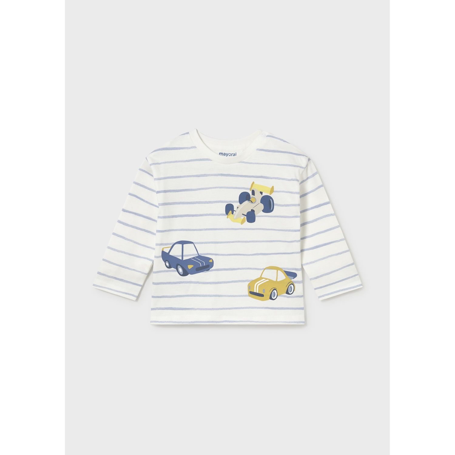 CREAM & SKYBLUE STRIPED TSHIRT CAR PRINT LONG SLEEVE / 2011-047