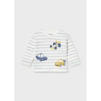 CREAM & SKYBLUE STRIPED TSHIRT CAR PRINT LONG SLEEVE / 2011-047
