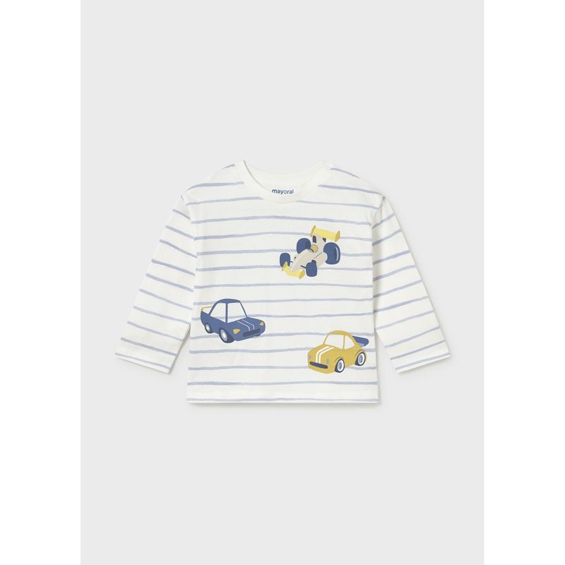 CREAM & SKYBLUE STRIPED TSHIRT CAR PRINT LONG SLEEVE / 2011-047