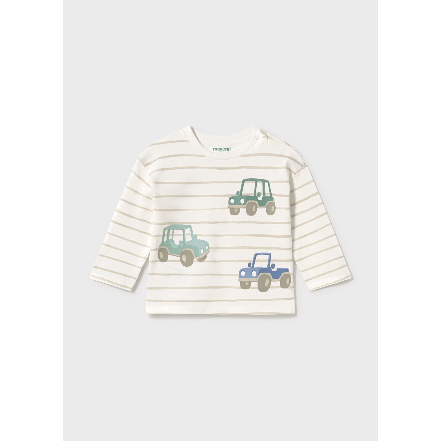 CREAM & BROWN STRIPED TSHIRT GREEN CAR PRINT LONG SLEEVE / 2011-046