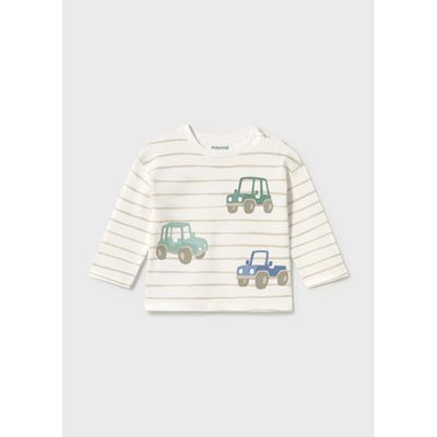 CREAM & BROWN STRIPED TSHIRT GREEN CAR PRINT LONG SLEEVE / 2011-046
