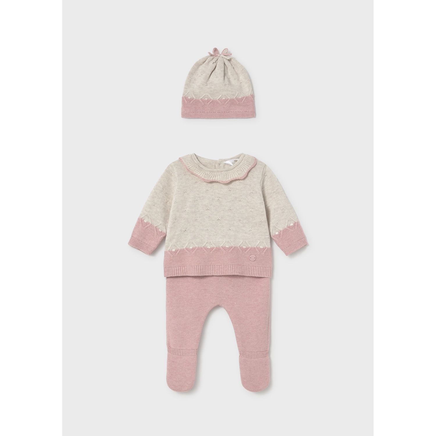 PINK & BEIGE 3PC KNIT PANT & TOP & HAT SET 9-18M NO FEET / 2513-026 PINK & BEIGE 3PC KNIT PANT & TOP & HAT SET 9-18M NO FEET / 2513-026