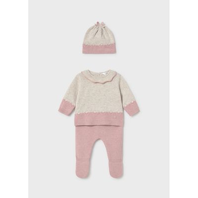 PINK & BEIGE 3PC KNIT PANT & TOP & HAT SET 9-18M NO FEET / 2513-026