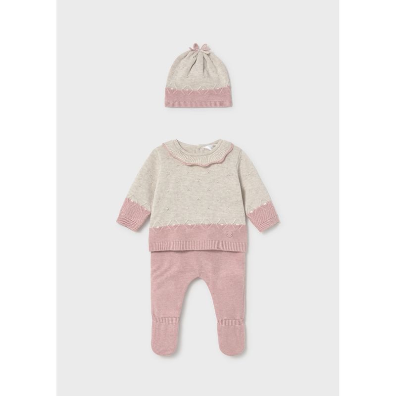 PINK & BEIGE 3PC KNIT PANT & TOP & HAT SET 9-18M NO FEET / 2513-026