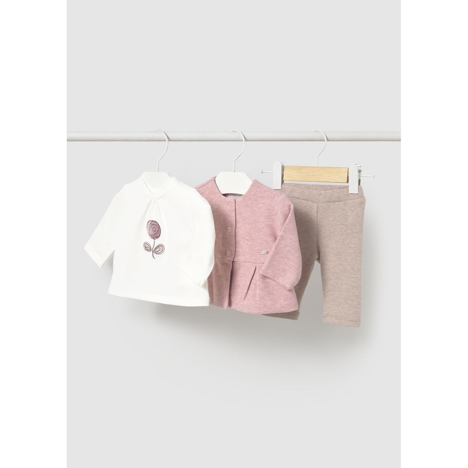 3PC PINK & CREAM LEGGING SET CARDIGAN TOP & TAN LEGGING / 2772-092