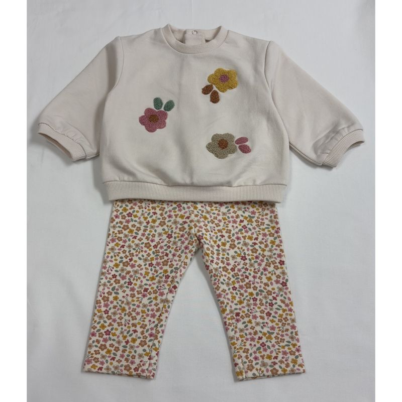 2PC BEIGE & FLORAL PRINT LEGGING SET FLOWER APPLIQUE / 2759-087