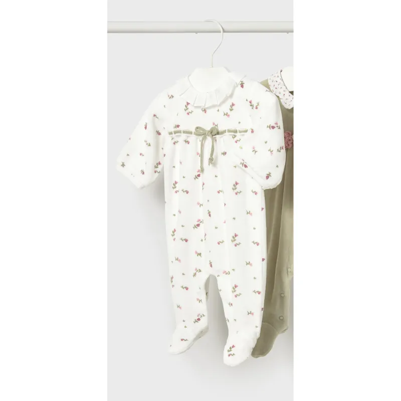WHITE VELOUR SLEEPER PINK ROSES PRINT GREEN BELT / 2752-077A