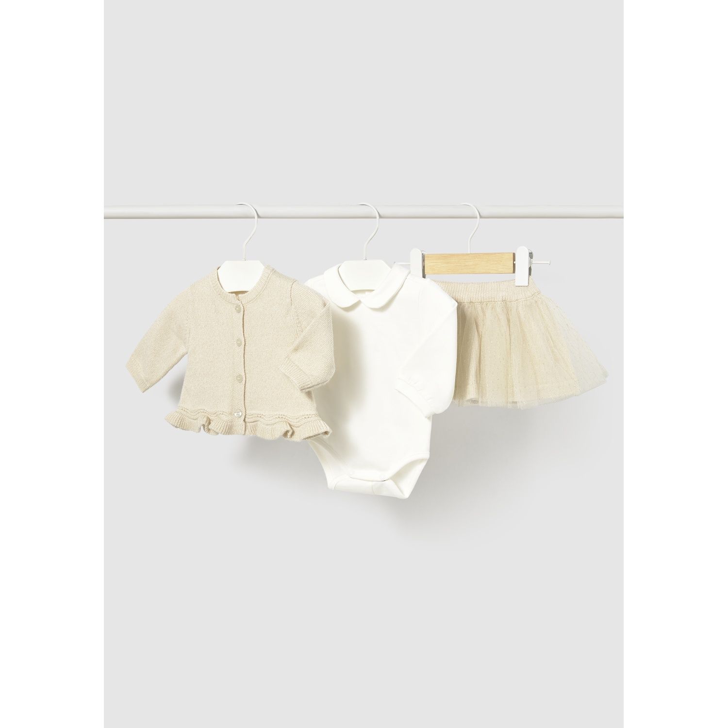3PC CHAMPAGNE TULLE SKIRT &CARDIGAN & BEIGE TSHIRT W/COLLAR / 2811-028 3PC CHAMPAGNE TULLE SKIRT &CARDIGAN & BEIGE TSHIRT W/COLLAR / 2811-028