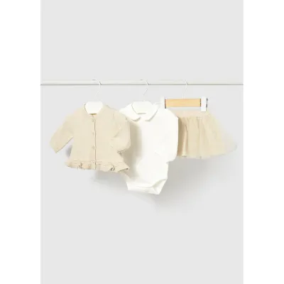 3PC CHAMPAGNE TULLE SKIRT &CARDIGAN & BEIGE TSHIRT W/COLLAR / 2811-028