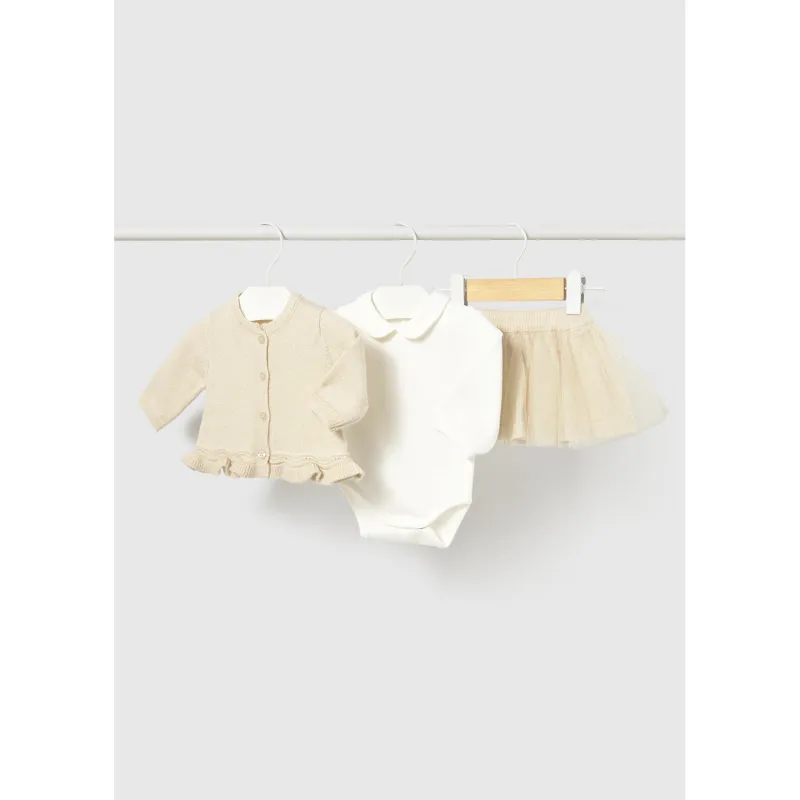 3PC CHAMPAGNE TULLE SKIRT &CARDIGAN & BEIGE TSHIRT W/COLLAR / 2811-028