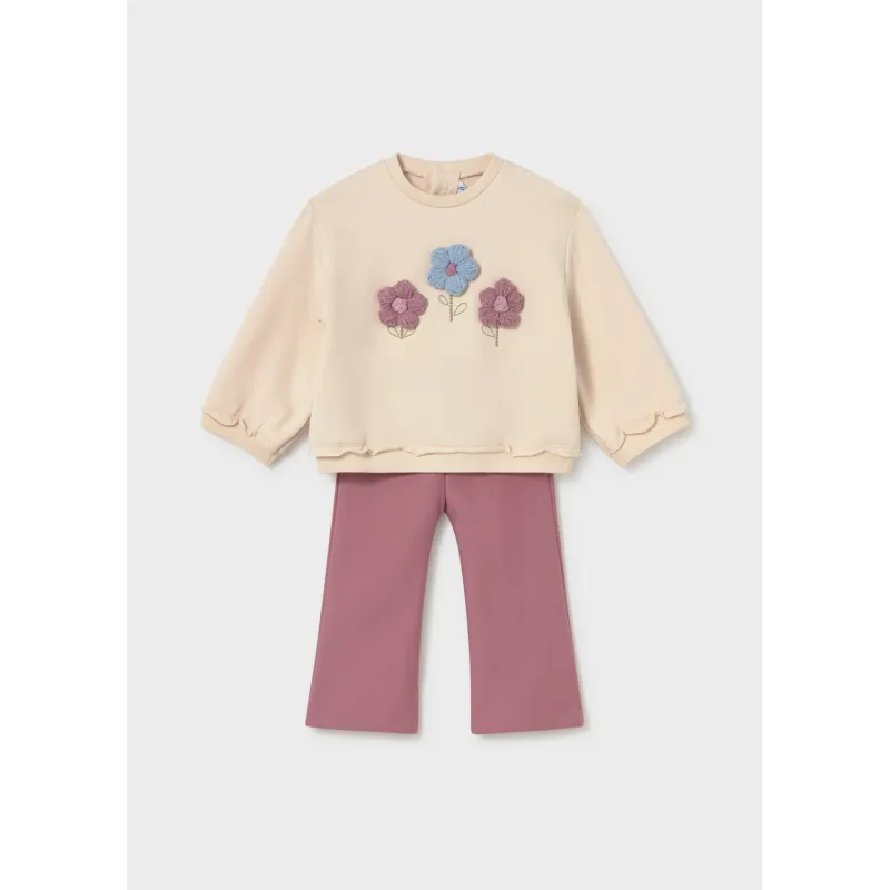 2PC VIOLET LEGGING BEIGE SWEATER CROCHET FLOWERS APPLIQUE / 2706-047