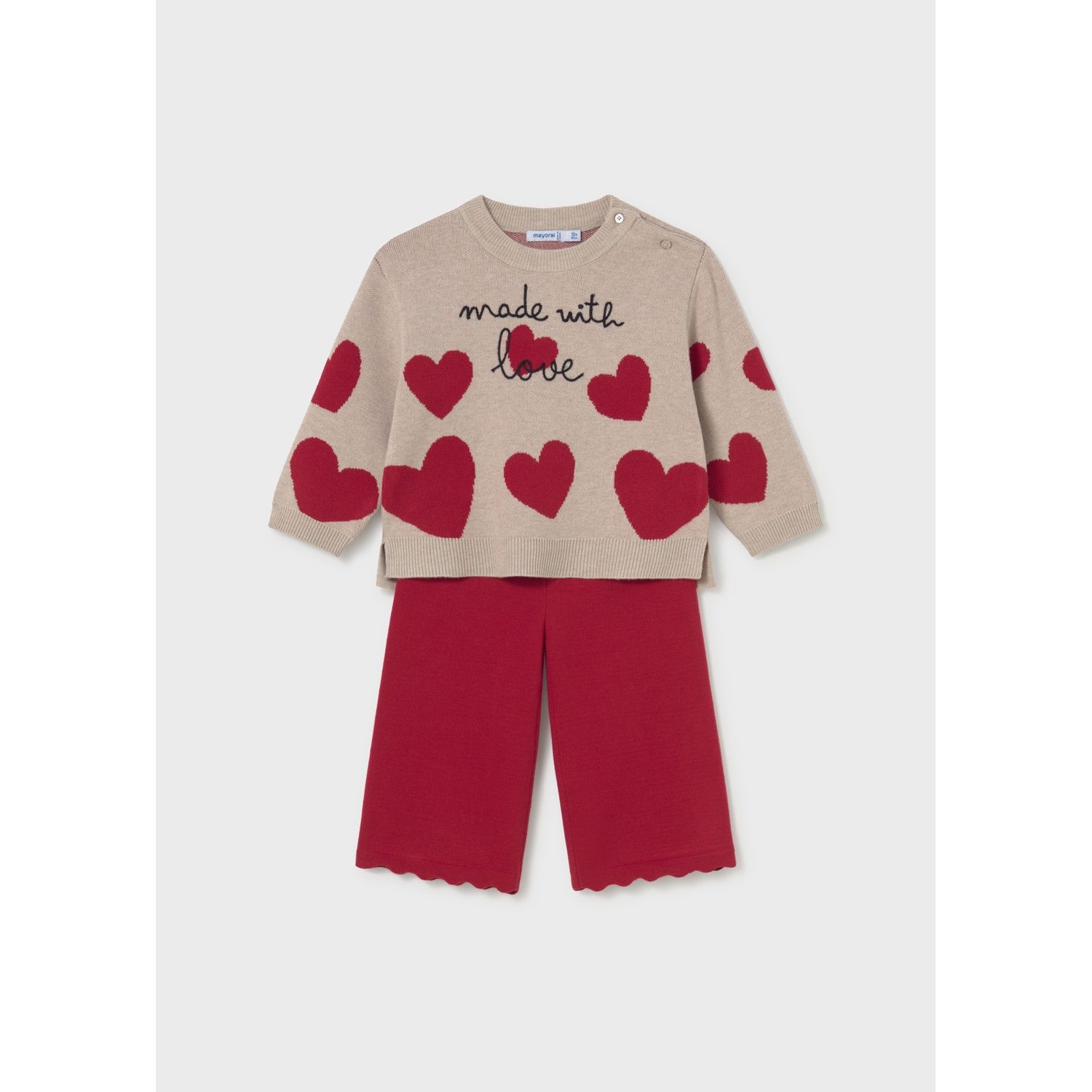 2PC KNIT RED PANT & TAUPE SWEATER RED HEARTS PRINT / 2556-041