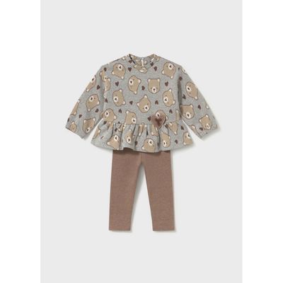 2PC GREY & BROWN LEGGING SET BEAR PRINT HEART APPLIQUE / 2781-084