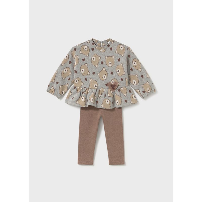 2PC GREY & BROWN LEGGING SET BEAR PRINT HEART APPLIQUE / 2781-084