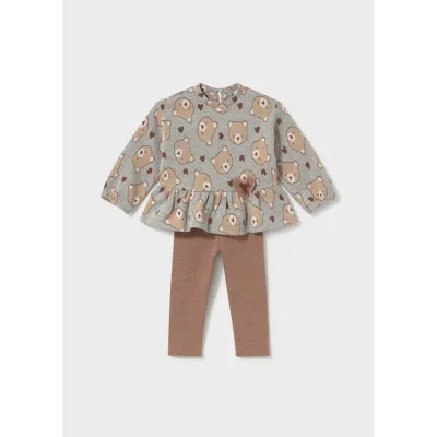 2PC GREY & BROWN LEGGING SET BEAR PRINT HEART APPLIQUE / 2781-084