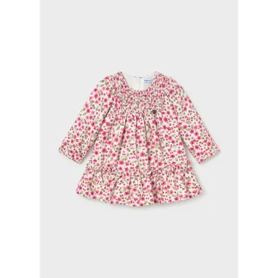 WHITE & RED FLORAL PRINTED DRESS VELVET SMOCKED BODICE / 2946-030