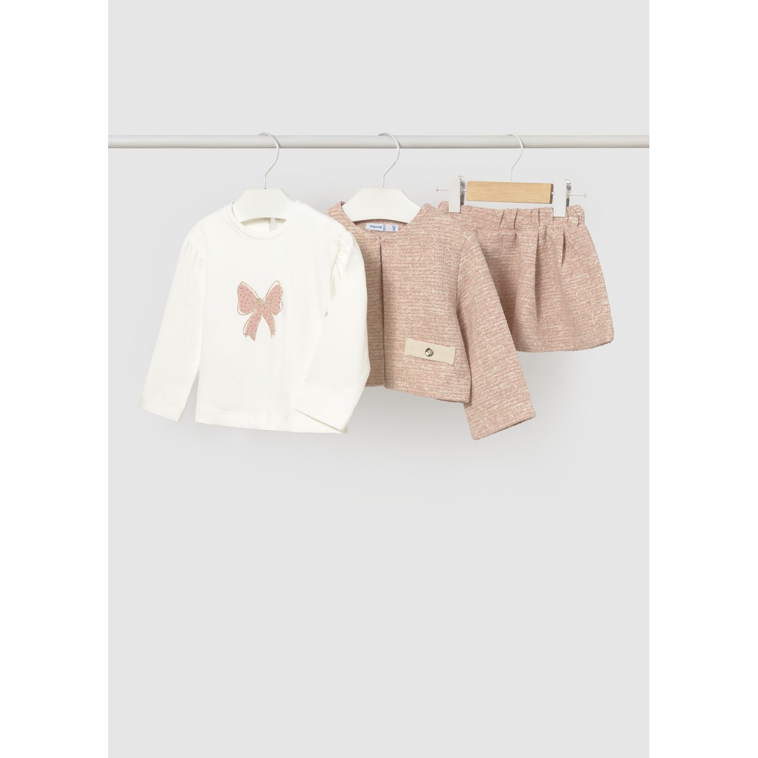3PC ROSE PINK TWEED SKIRT SET BEIGE TSHIRT / 2954-029
