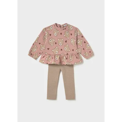 2PC KNIT PINK TOP & BROWN PANT6 BEAR PRINT FLOUNCE / 2781-086