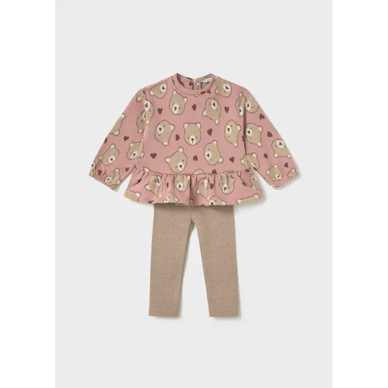 2PC KNIT PINK TOP & BROWN PANT6 BEAR PRINT FLOUNCE / 2781-086