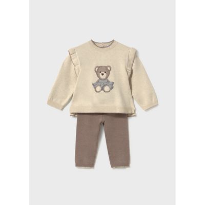 2PC KNIT BEIGE TOP & BROWN PANT BEAR PRINT GIRL / 2557-032