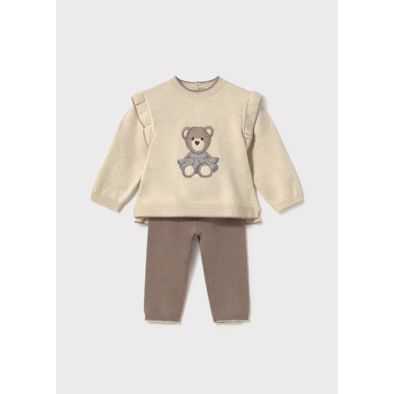 2PC KNIT BEIGE TOP & BROWN PANT BEAR PRINT GIRL / 2557-032