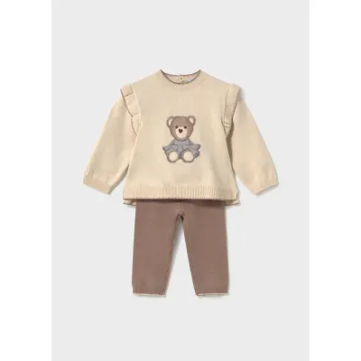 2PC KNIT BEIGE TOP & BROWN PANT BEAR PRINT GIRL / 2557-032