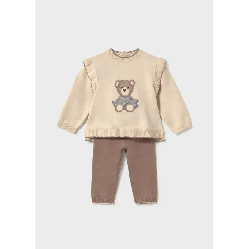 2PC KNIT BEIGE TOP & BROWN PANT BEAR PRINT GIRL / 2557-032