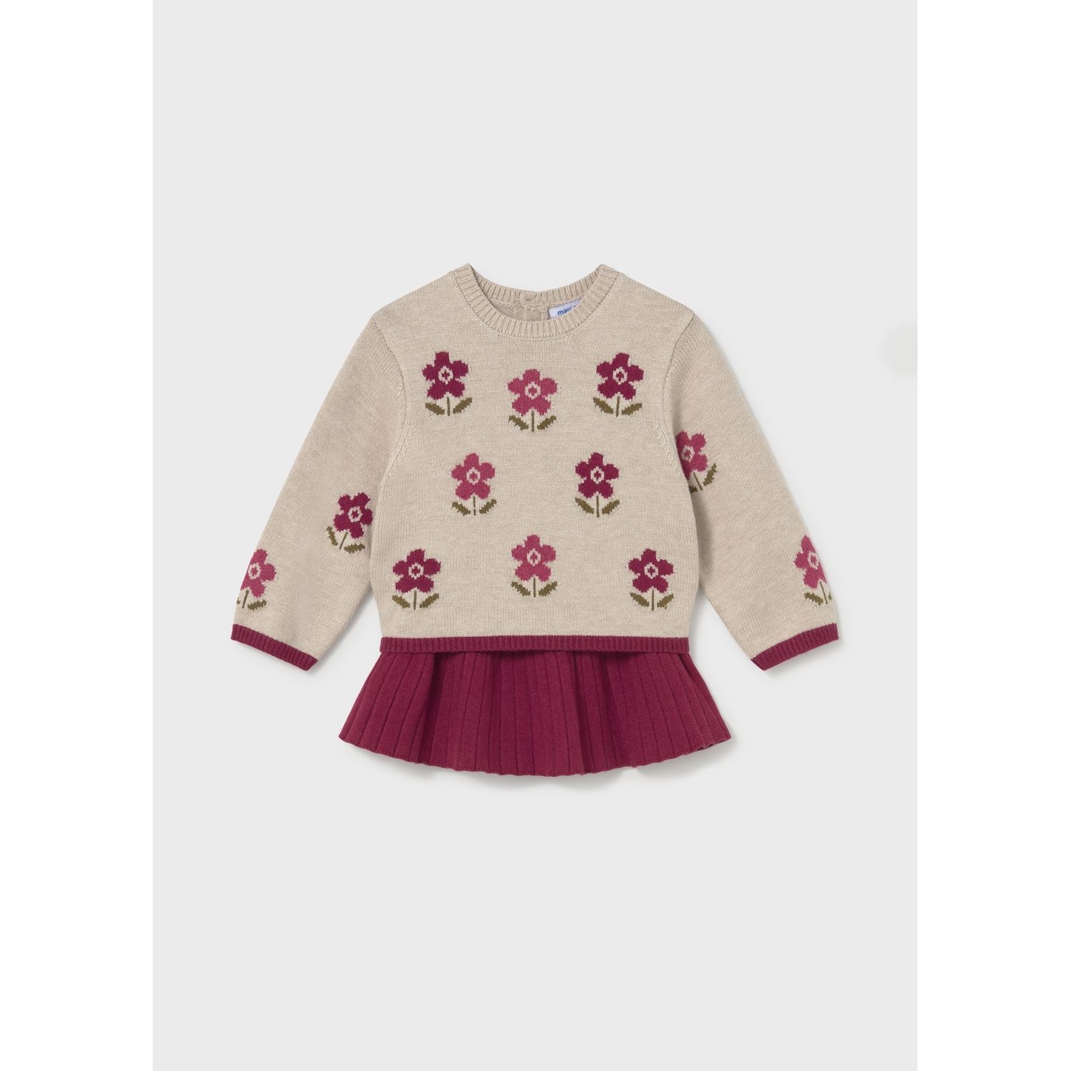2PC KNIT BEIGE TOP RED SKIRT FLARE PLEATED FLOWER PRINT / 2952-042