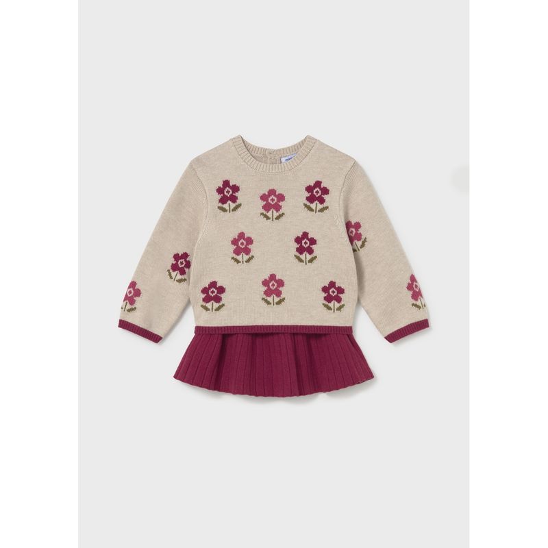 2PC KNIT BEIGE TOP RED SKIRT FLARE PLEATED FLOWER PRINT / 2952-042