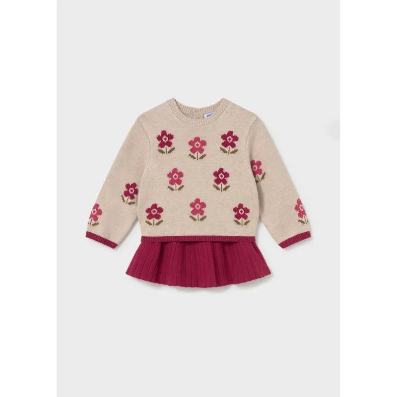 2PC KNIT BEIGE TOP RED SKIRT FLARE PLEATED FLOWER PRINT / 2952-042