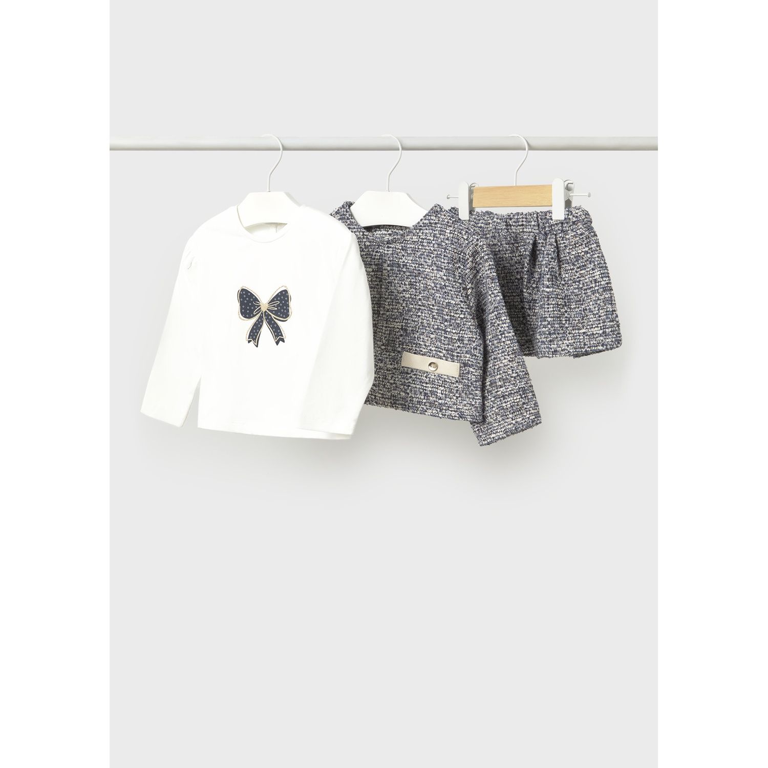 3PC NAVY TWEED KNIT SKIRT SET CREAM TOP BOW PRINT / 2954-030