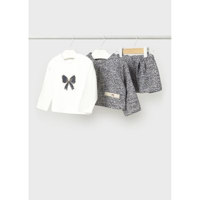 3PC NAVY TWEED KNIT SKIRT SET CREAM TOP BOW PRINT / 2954-030