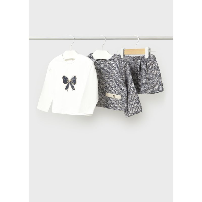 3PC NAVY TWEED KNIT SKIRT SET CREAM TOP BOW PRINT / 2954-030