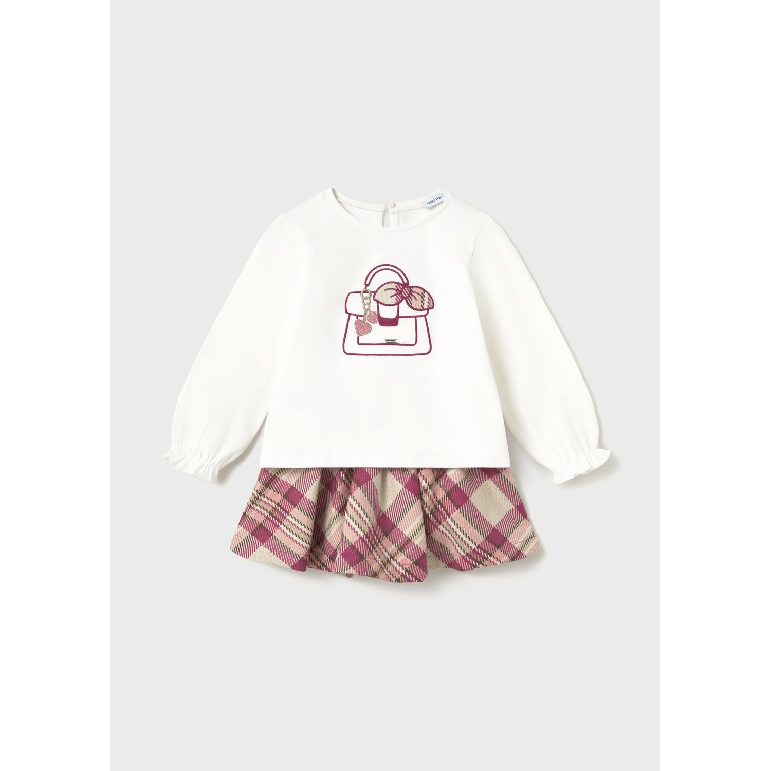 2PC WHITE TOP PINK PLAID SKIRT PURSE PRINT / 2953-047