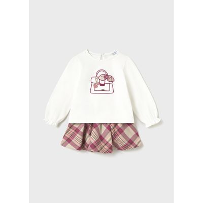 2PC WHITE TOP PINK PLAID SKIRT PURSE PRINT / 2953-047