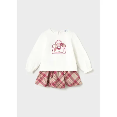 2PC WHITE TOP PINK PLAID SKIRT PURSE PRINT / 2953-047