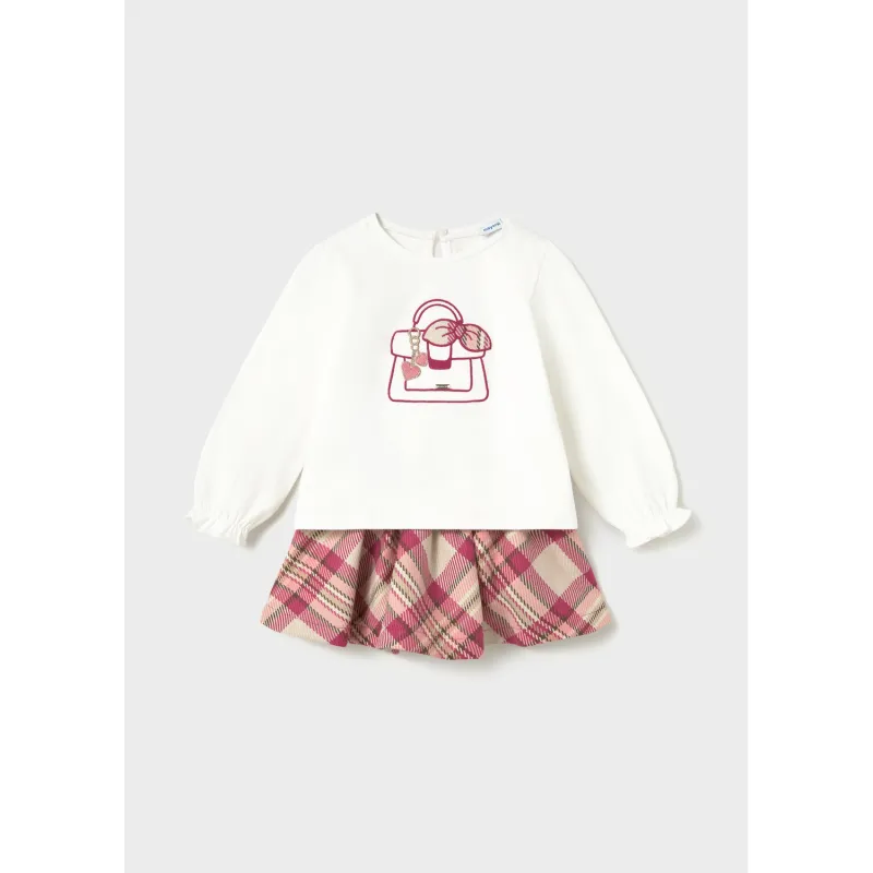 2PC WHITE TOP PINK PLAID SKIRT PURSE PRINT / 2953-047