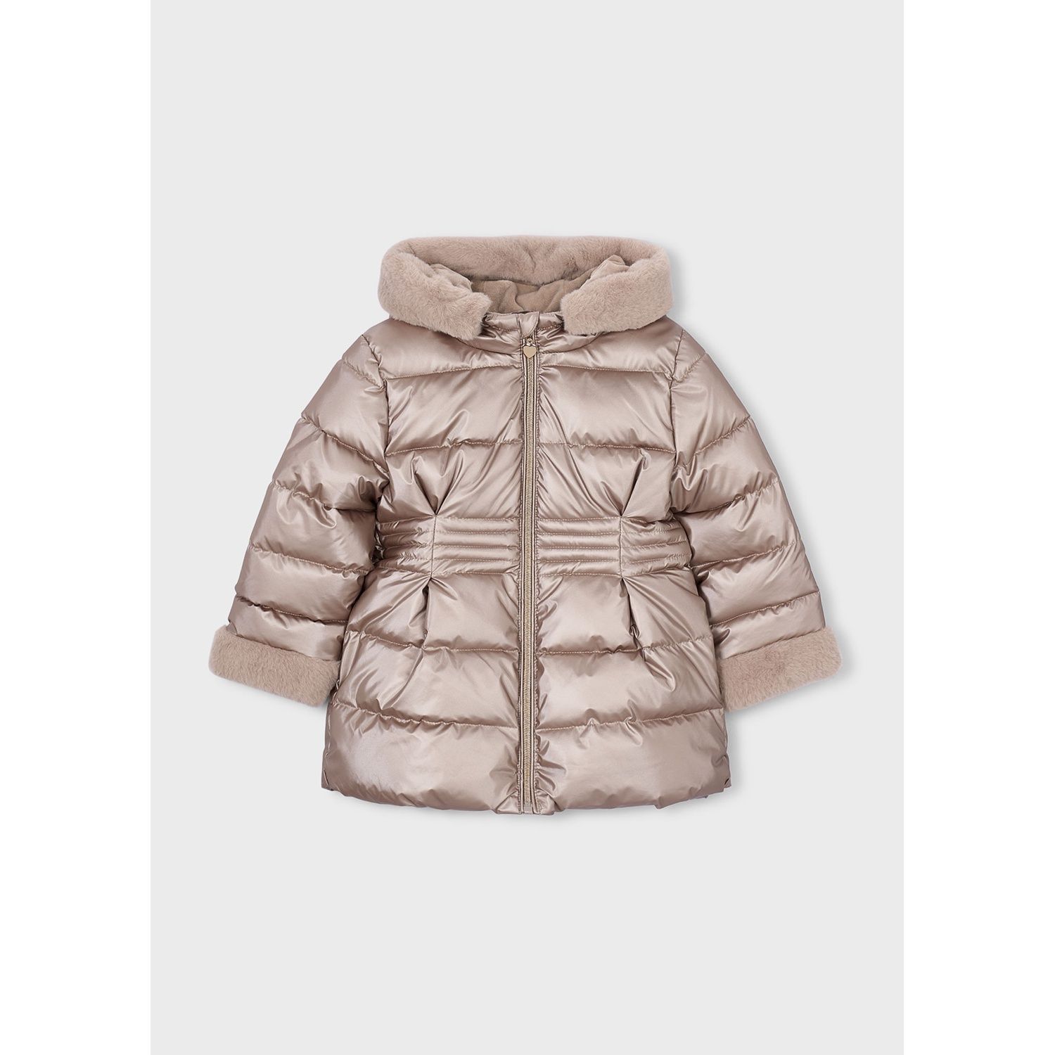 TAUPE METALIC PUFFER JACKET HOODED FAUX FUR TRIM / 4422-040