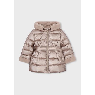 TAUPE METALIC PUFFER JACKET HOODED FAUX FUR TRIM / 4422-040