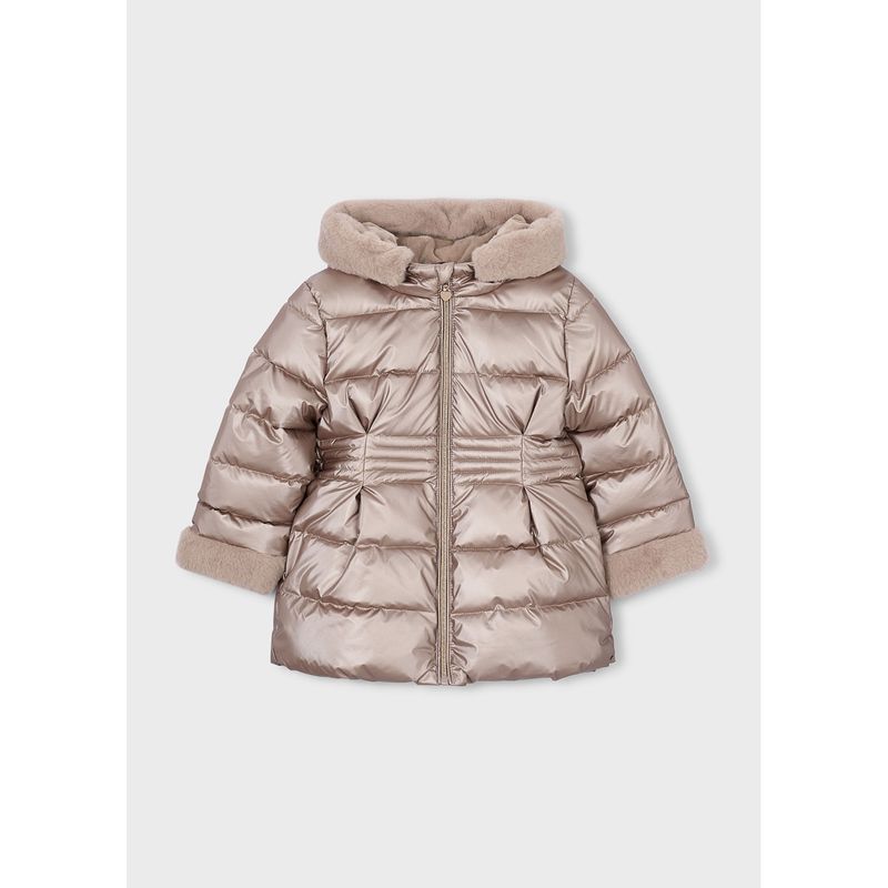 TAUPE METALIC PUFFER JACKET HOODED FAUX FUR TRIM / 4422-040