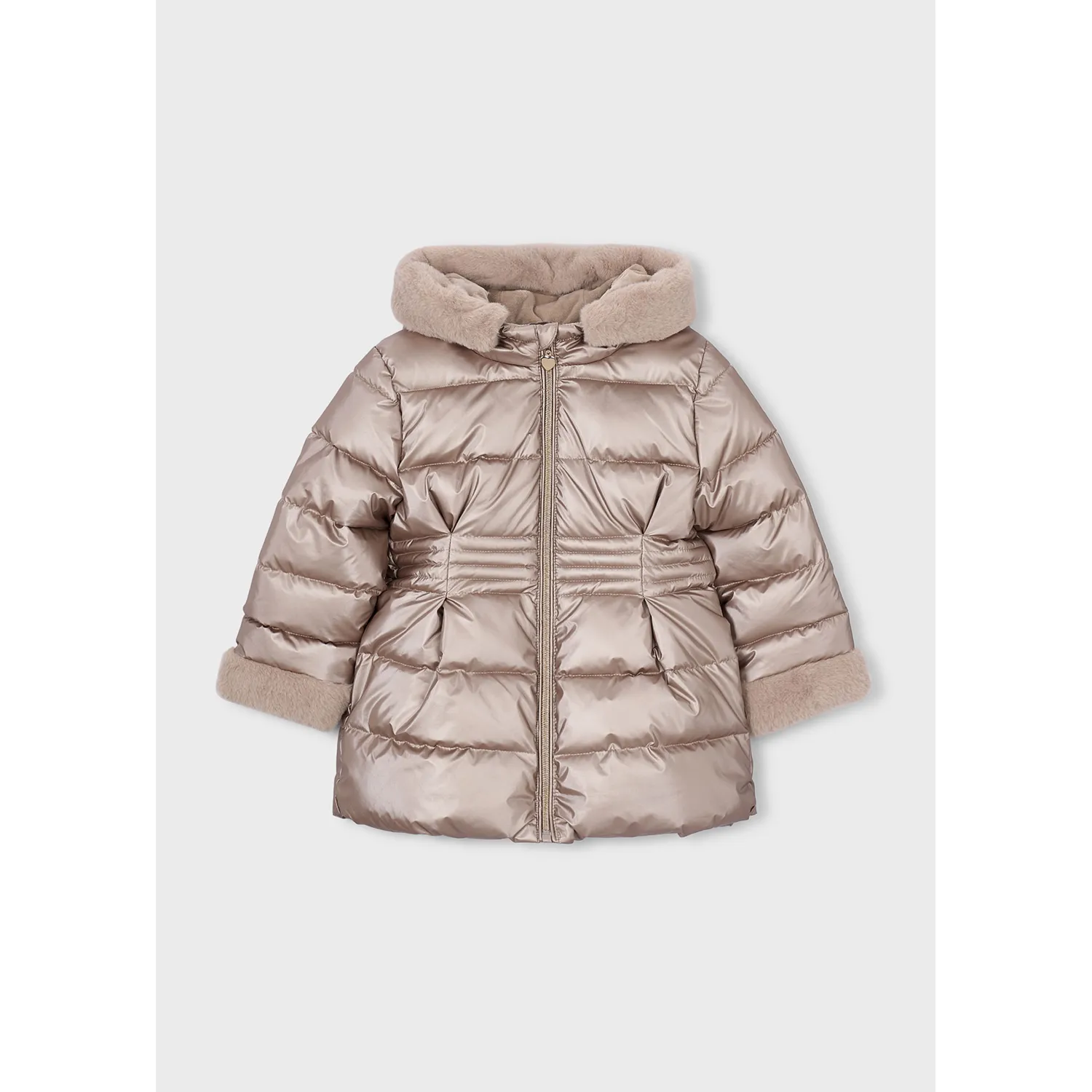TAUPE METALIC PUFFER JACKET HOODED FAUX FUR TRIM / 4422-040