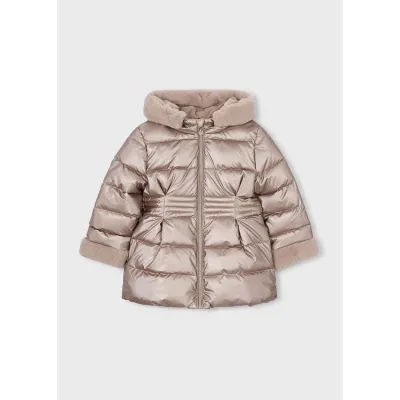 TAUPE METALIC PUFFER JACKET HOODED FAUX FUR TRIM / 4422-040