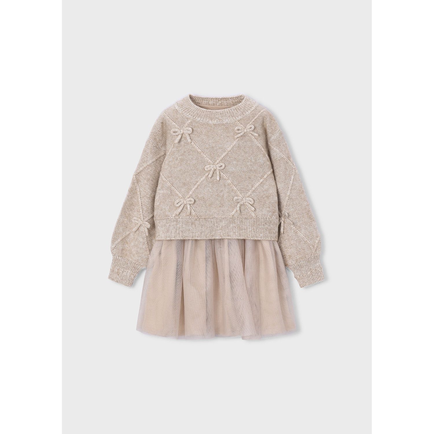 2PC BEIGE DRESS KNIT SWEATER W/BOWS TULLE SKIRT / 4927-037