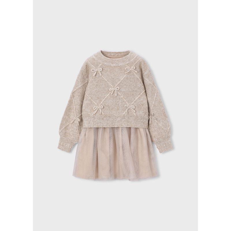 2PC BEIGE DRESS KNIT SWEATER W/BOWS TULLE SKIRT / 4927-037