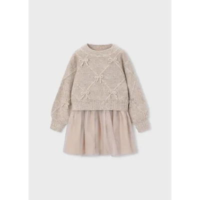 2PC BEIGE DRESS KNIT SWEATER W/BOWS TULLE SKIRT / 4927-037