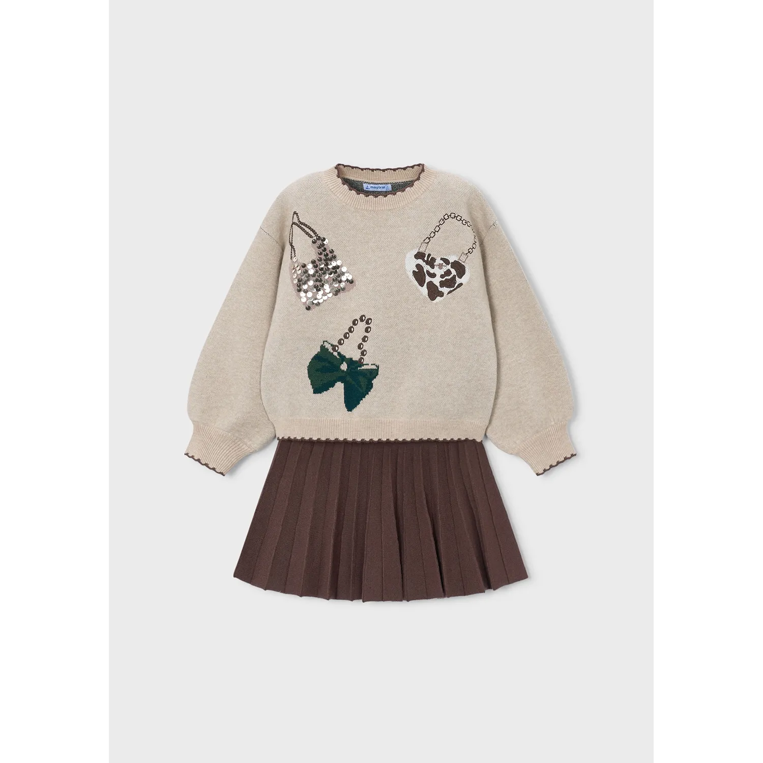 2PC BROWN KNIT SKIRT SET PLEATED PURSE PRINT / 4933-056
