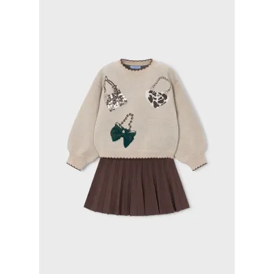 2PC BROWN KNIT SKIRT SET PLEATED PURSE PRINT / 4933-056